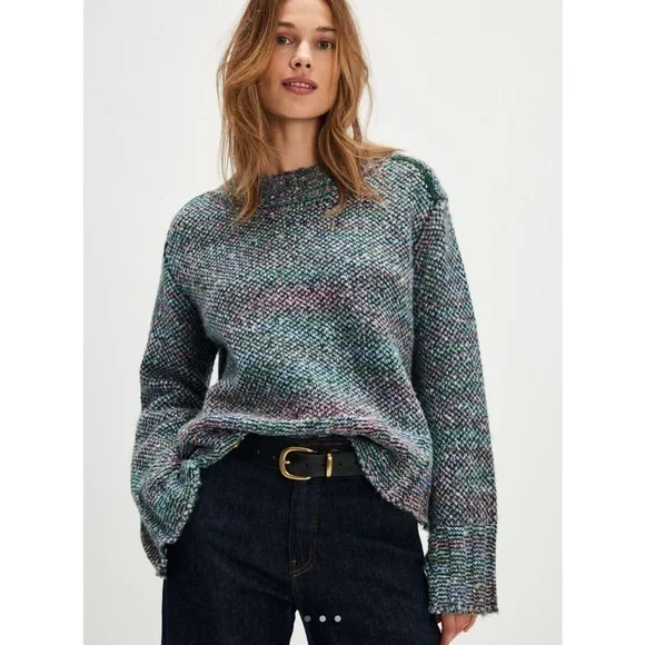 Free People Cotton Candy Pullover Blue Green Crew Neck Sweater Relaxed Fit Large - Picture 1 of 5